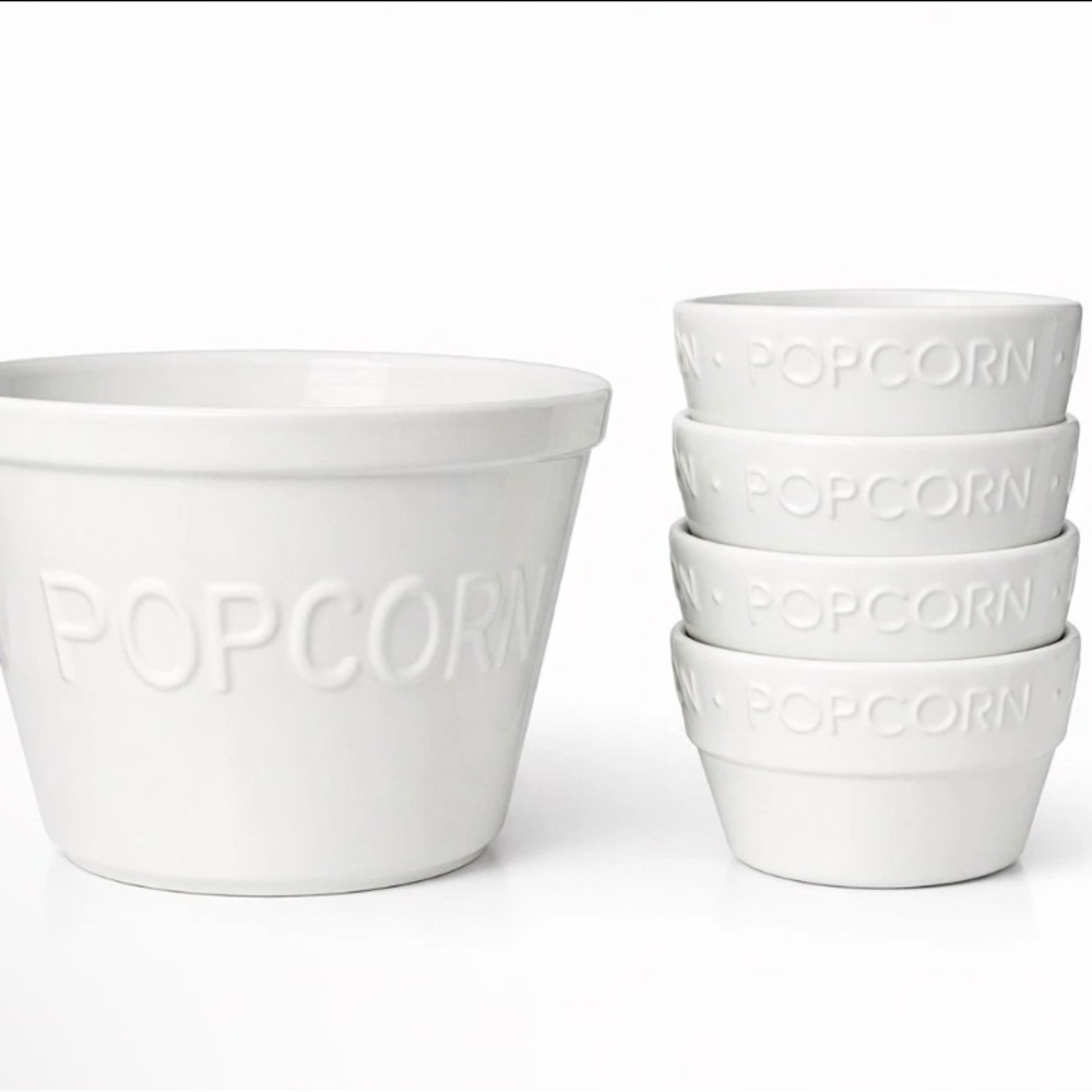 Crate & Barrel Popcorn Bowl Set Made in Portugal – Large + 4 Snack White Ceramic